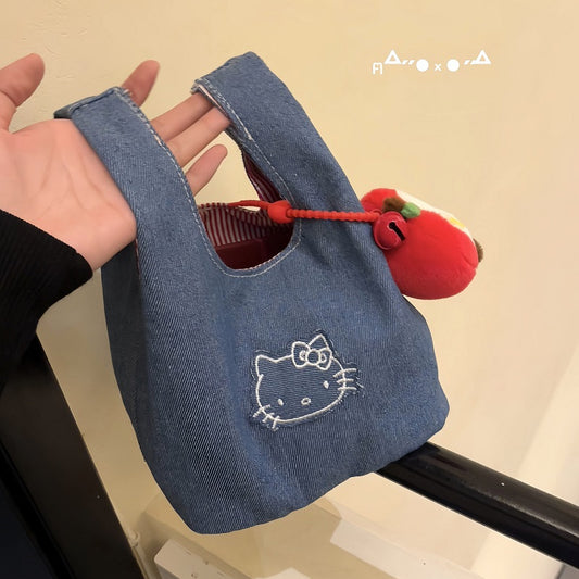 DENIM KITTY EMBROIDERY HANDBAG