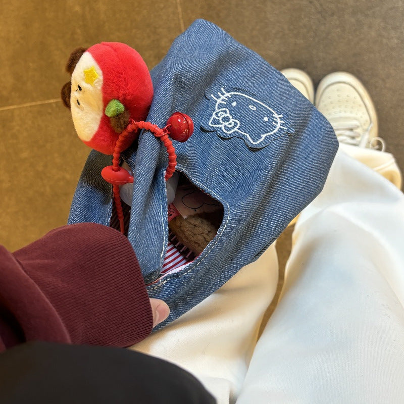 DENIM KITTY EMBROIDERY HANDBAG