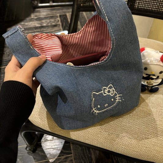 DENIM KITTY EMBROIDERY HANDBAG